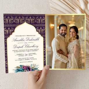 Ivory Purple Peacock Pattern Floral Indian Wedding Invitation