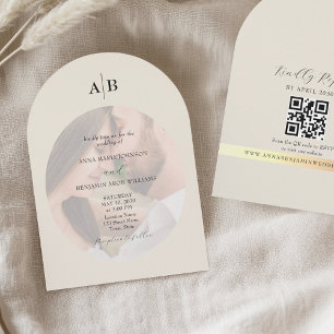 Ivory QR Code and Monogram Photo Wedding Invitation