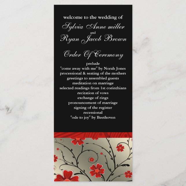 ivory red and black floral Wedding program Programme (Front)