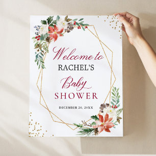 Ivory Red Poinsettia Gold Frame Baby Shower Sign