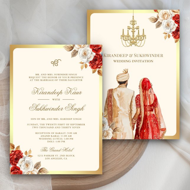 Ivory Red Roses Floral Anand Karaj Sikh Wedding Invitation (Creator Uploaded)