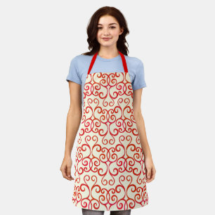Ivory Red Swirly Damask Christmas Pattern Elegant Apron