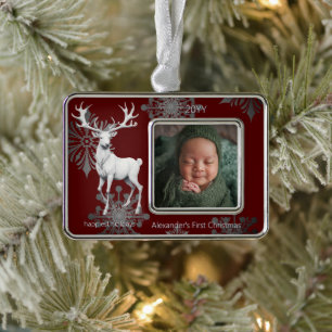 Ivory Reindeer Babys First Christmas Red Silver Plated Framed Ornament