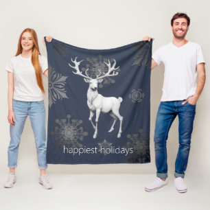 Ivory Reindeer Christmas   Blue Fleece Blanket
