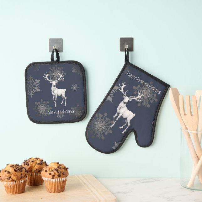 Ivory Reindeer Christmas | Blue Oven Mitt & Pot Holder Set (Insitu(Hanging))