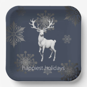 Ivory Reindeer Christmas   Blue Paper Plate