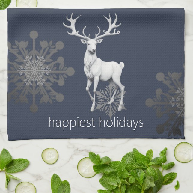 Ivory Reindeer Christmas | Blue Tea Towel (Folded)