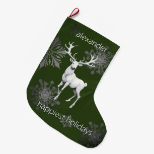 Ivory Reindeer Christmas   Green Personalized Large Christmas Stocking