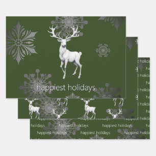 Ivory Reindeer Christmas Green Wrapping Paper Sheet