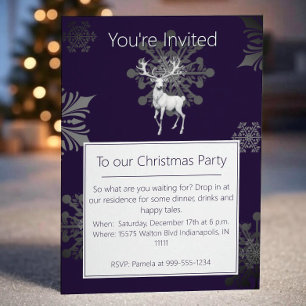 Ivory Reindeer Christmas Party Purple Invitation