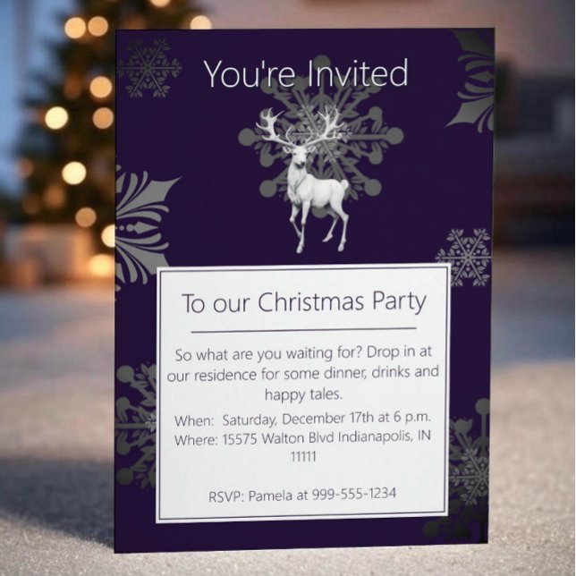 Ivory Reindeer Christmas Party | Purple Invitation (Purple Ivory Reindeer Christmas Party Invitation)