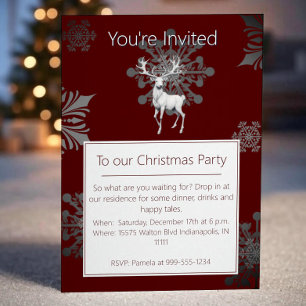 Ivory Reindeer Christmas Party   Red Invitation