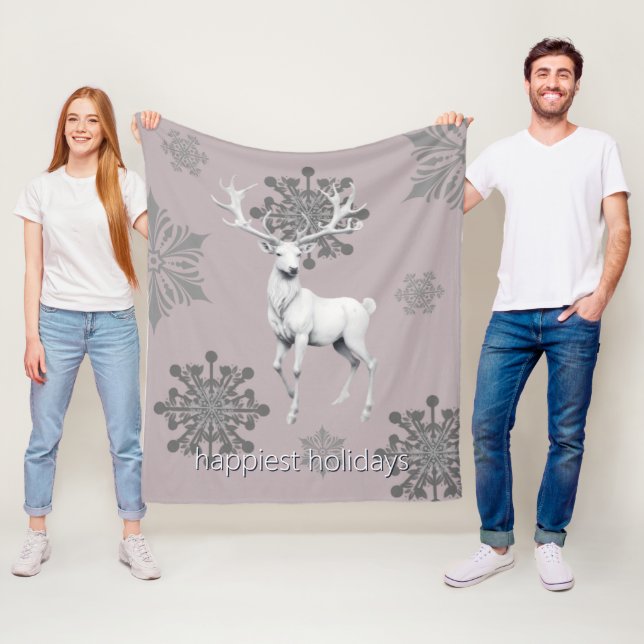 Ivory Reindeer Christmas | Pink Fleece Blanket (In Situ)