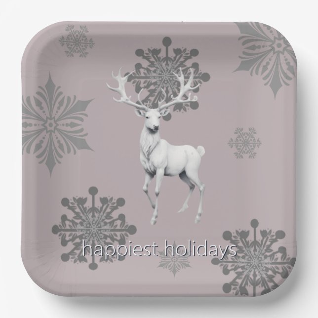Ivory Reindeer Christmas | Pink Paper Plate (Front)