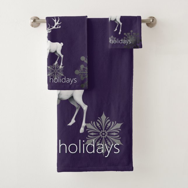Ivory Reindeer Christmas | Purple Bath Towel Set (Insitu)