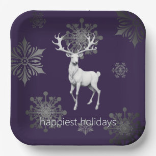 Ivory Reindeer Christmas Purple Paper Plate