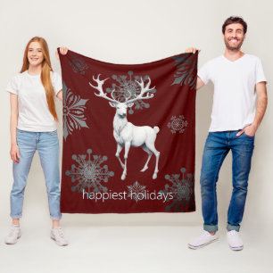 Ivory Reindeer Christmas   Red Fleece Blanket