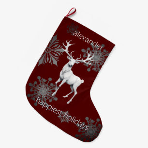 Ivory Reindeer Christmas   Red Personalised Large Christmas Stocking
