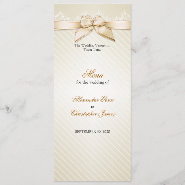 Ivory Ribbon Gold Stripes Wedding Menu (Front)