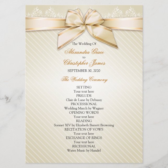 Ivory Ribbon Gold Stripes Wedding Program Programme (Front)