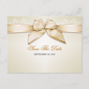Ivory Ribbon Gold Stripes Wedding Save the Date Announcement Postcard