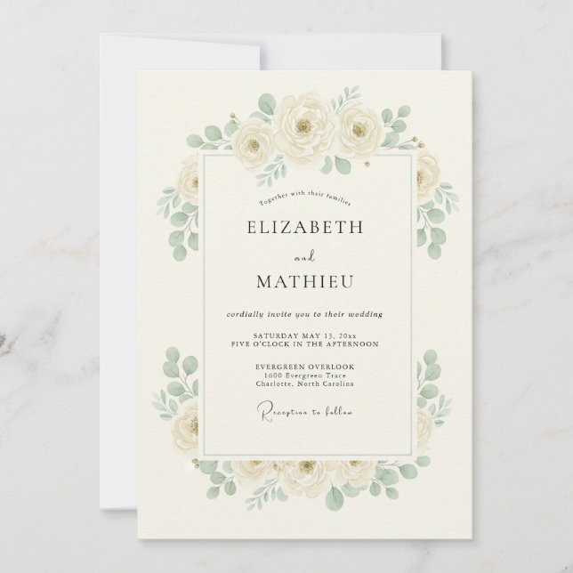 Ivory Romantic Botanical Wedding Invitation (Front)