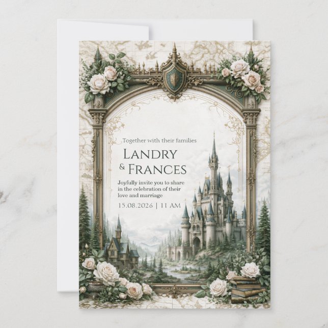 Ivory Rose Castle Map Wedding Invitation (Front)