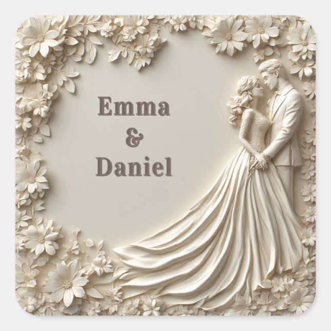 🤍 Ivory Rose Frame Wedding Couple Silhouette 🤍 Square Sticker (Front)