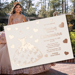  Ivory Rose Gold Hearts Quinceañera Invitation