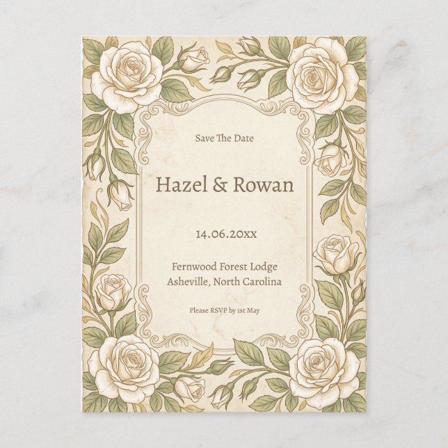 Ivory Rose Greenery Save the Date Postcard (Front)