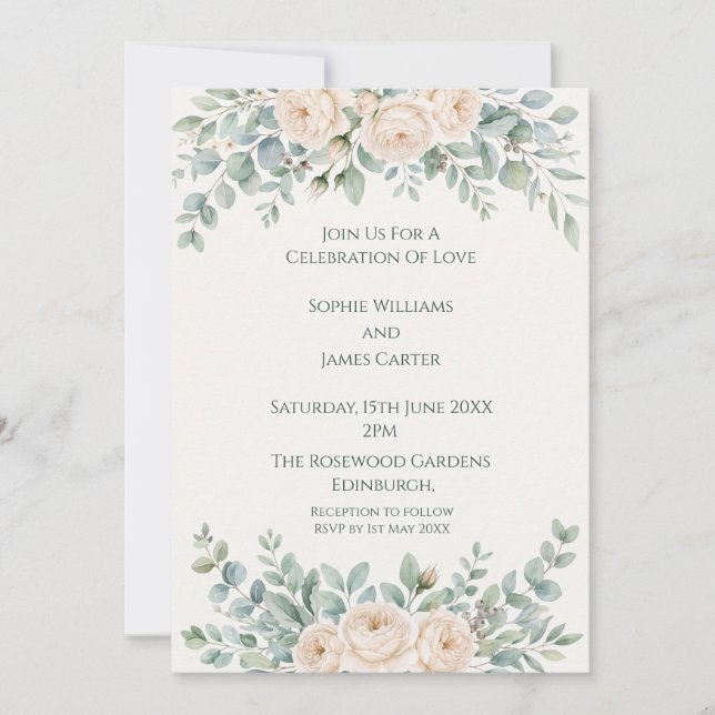 Ivory Rose Greenery Wedding Invitation (Front)