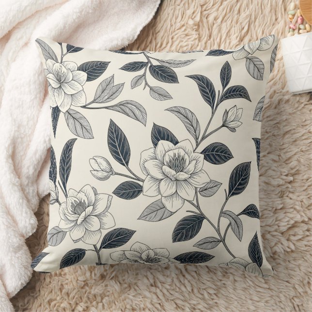 Ivory Rose Midnight Navy Marble Botanical Cushion (Blanket)