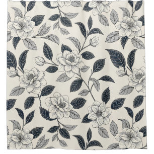 Ivory Rose Midnight Navy Marble Botanical Shower Curtain