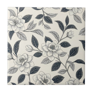 Ivory Rose Midnight Navy Marble Botanical Tile