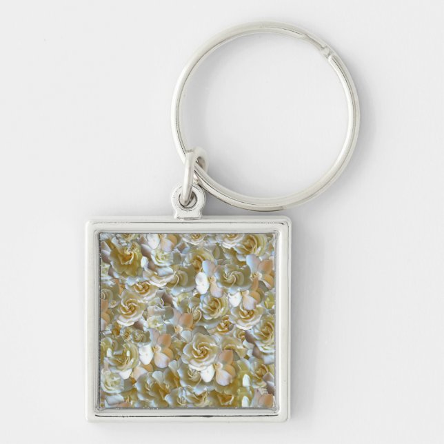 Ivory Rose Pattern – Elegant Floral Art Key Ring (Front)