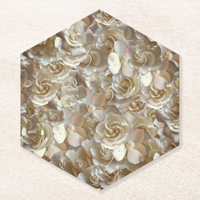 Ivory Rose Pattern – Elegant Floral Art Paper Coaster (Front)