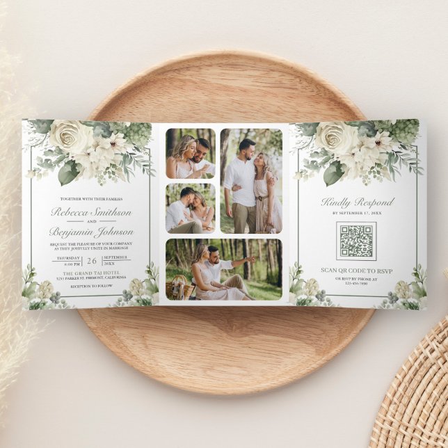 Ivory Rose Sage Green Floral Photo QR Code Wedding Tri-Fold Invitation (Creator Uploaded)