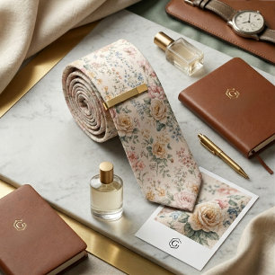 Ivory Rose & Wildflower  Soft Vintage Floral Tie