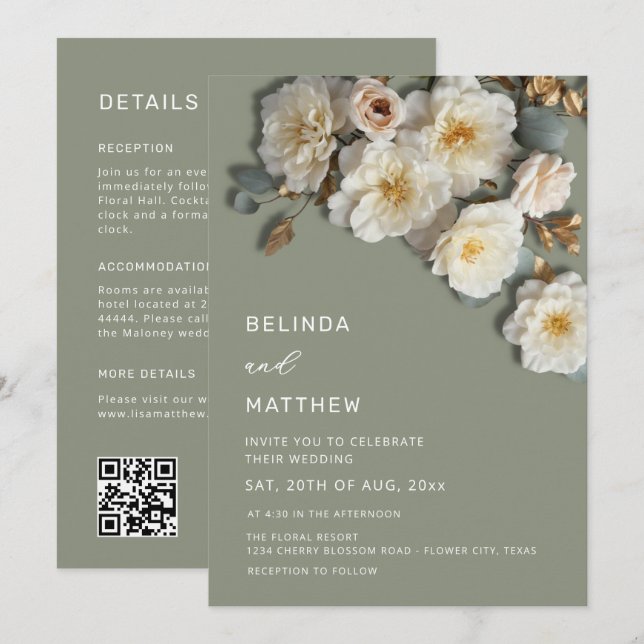 Ivory Roses 3D Flowers Sage Green All-In-One Invitation (Front/Back)