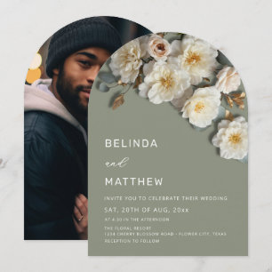 Ivory Roses 3D Flowers Sage Green Arch Wedding Inv Invitation