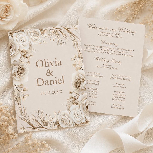Ivory Roses Beige Wedding Ceremony Program Programme (Ivory Roses Beige Wedding Ceremony Program with ivory flowers)