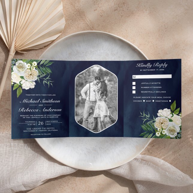 Ivory Roses Botanical Photo Navy Blue Wedding Tri-Fold Invitation (Creator Uploaded)