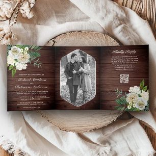 Ivory Roses Botanical Photo QR Code Wood Wedding Tri-Fold Invitation