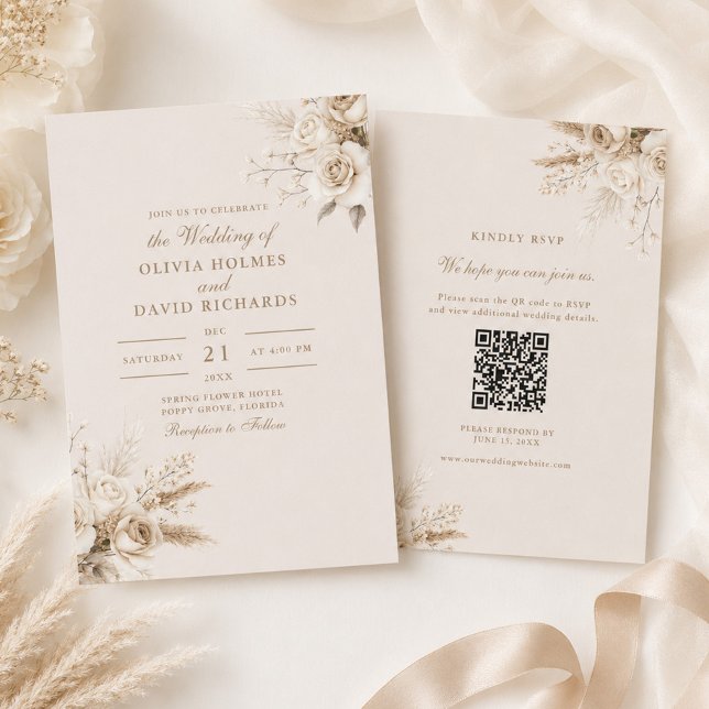 Ivory Roses Champagne Beige QR Code RSVP Wedding  Invitation (Ivory Roses Champagne Beige QR Code RSVP Wedding Invitation)