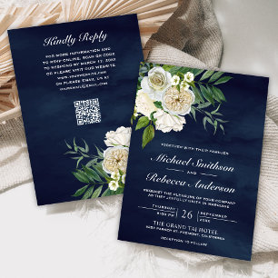 Ivory Roses Floral Navy Blue QR Code Wedding Invitation
