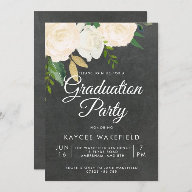 Ivory Roses & Glitter Graduation Party Invitation (Front/Back)
