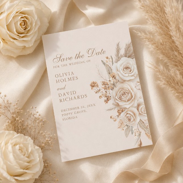 Ivory Roses Neutral Save the Date (Ivory Roses Neutral Save the Date with ivory roses)