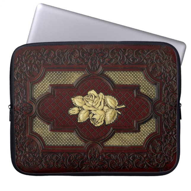Ivory Roses on Mahogany Leather Laptop Sleeve (Front)