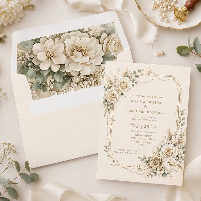 Ivory Roses, Pearls, Botanicals Boho Wedding | Envelope (Creator Uploaded)