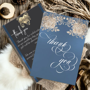 Ivory Roses Thank You Card - Blue